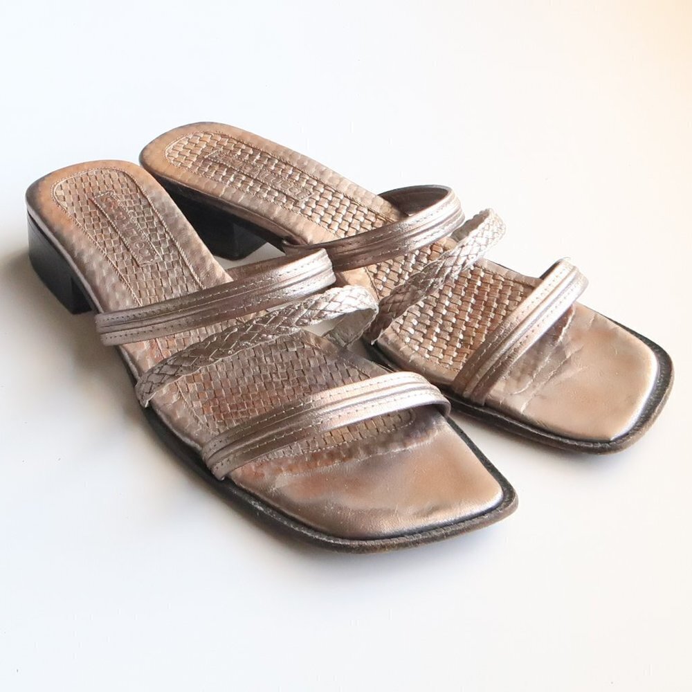 Sesto Meucci Silver Leather Square Toe Strappy Mule Sandals Block Heel Slides 10